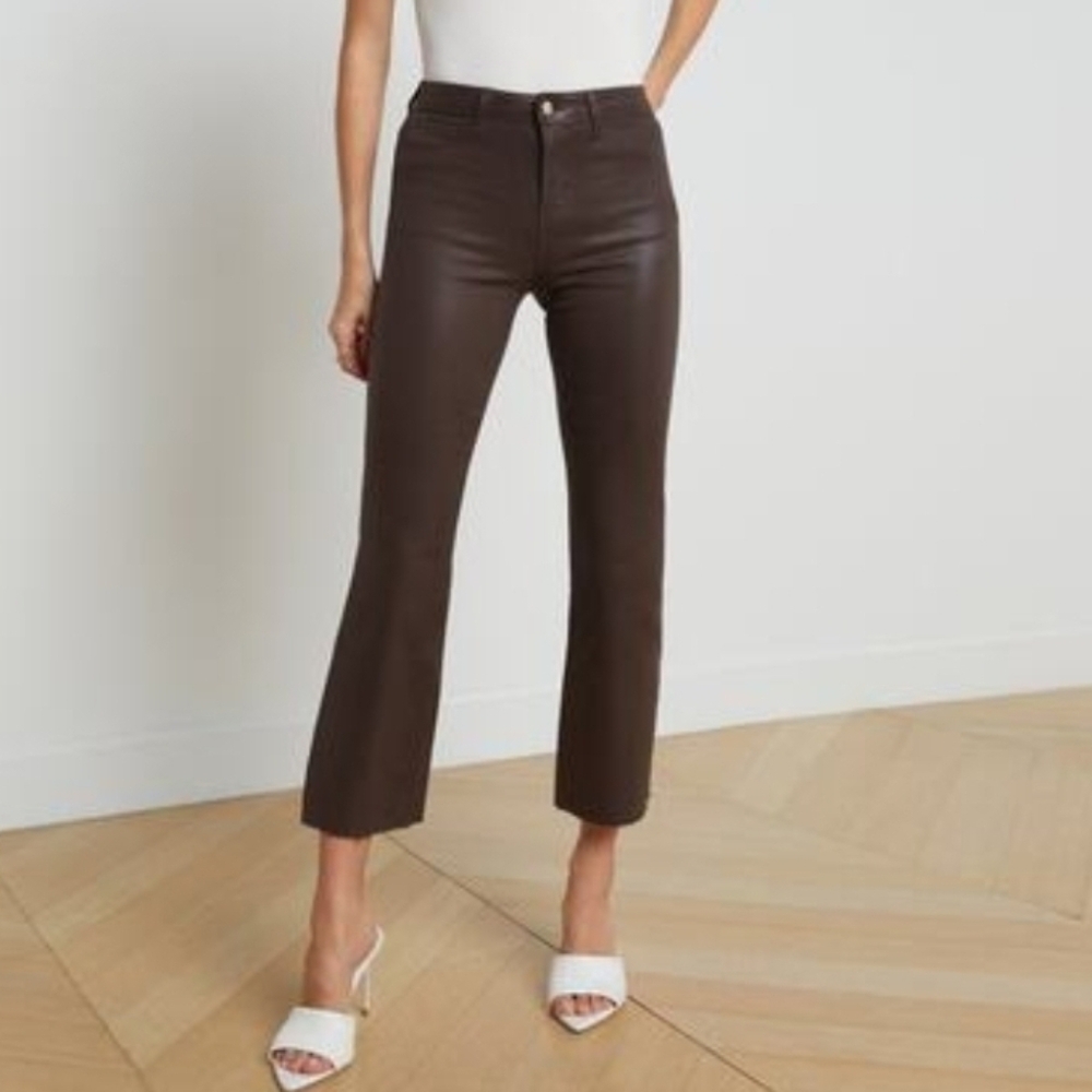 L'Agence Kendra Coated Cropped High Rise Flare Jeans w/ Stretch, Raw Hem, Sz 29.
